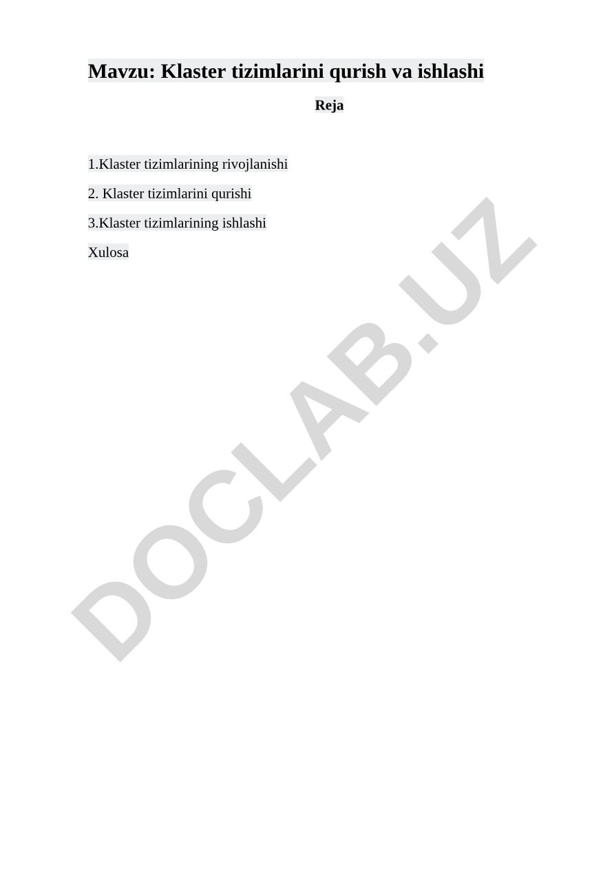 Klaster tizimlarini qurish va ishlashi
