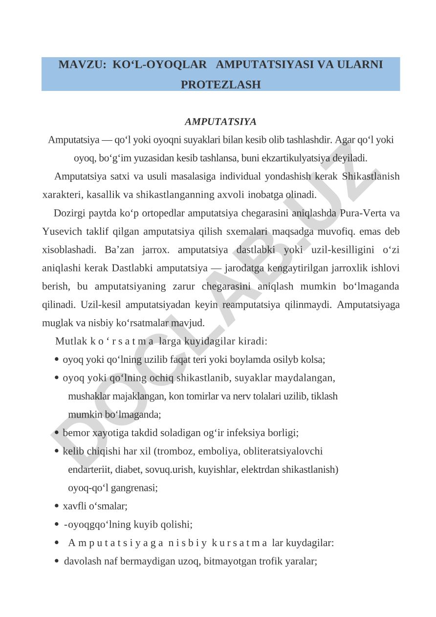 KO‘L-OYOQLAR AMPUTATSIYASI VA ULARNI PROTEZLASH
