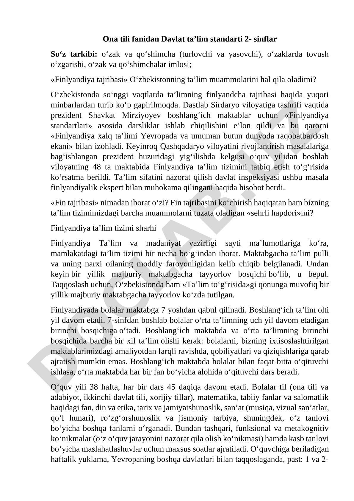 Ona tili fanidan Davlat ta’lim standarti 2- sinflar So‘z tarkibi va Finlyandiya ta’lim tajribasi