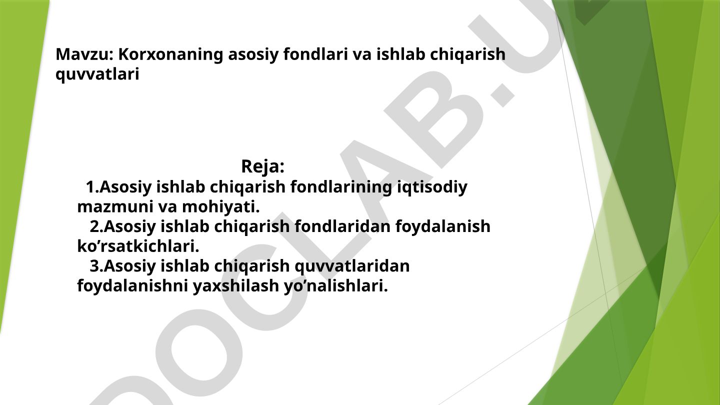 Korxonaning asosiy fondlari va ishlab chiqarish quvvatlari