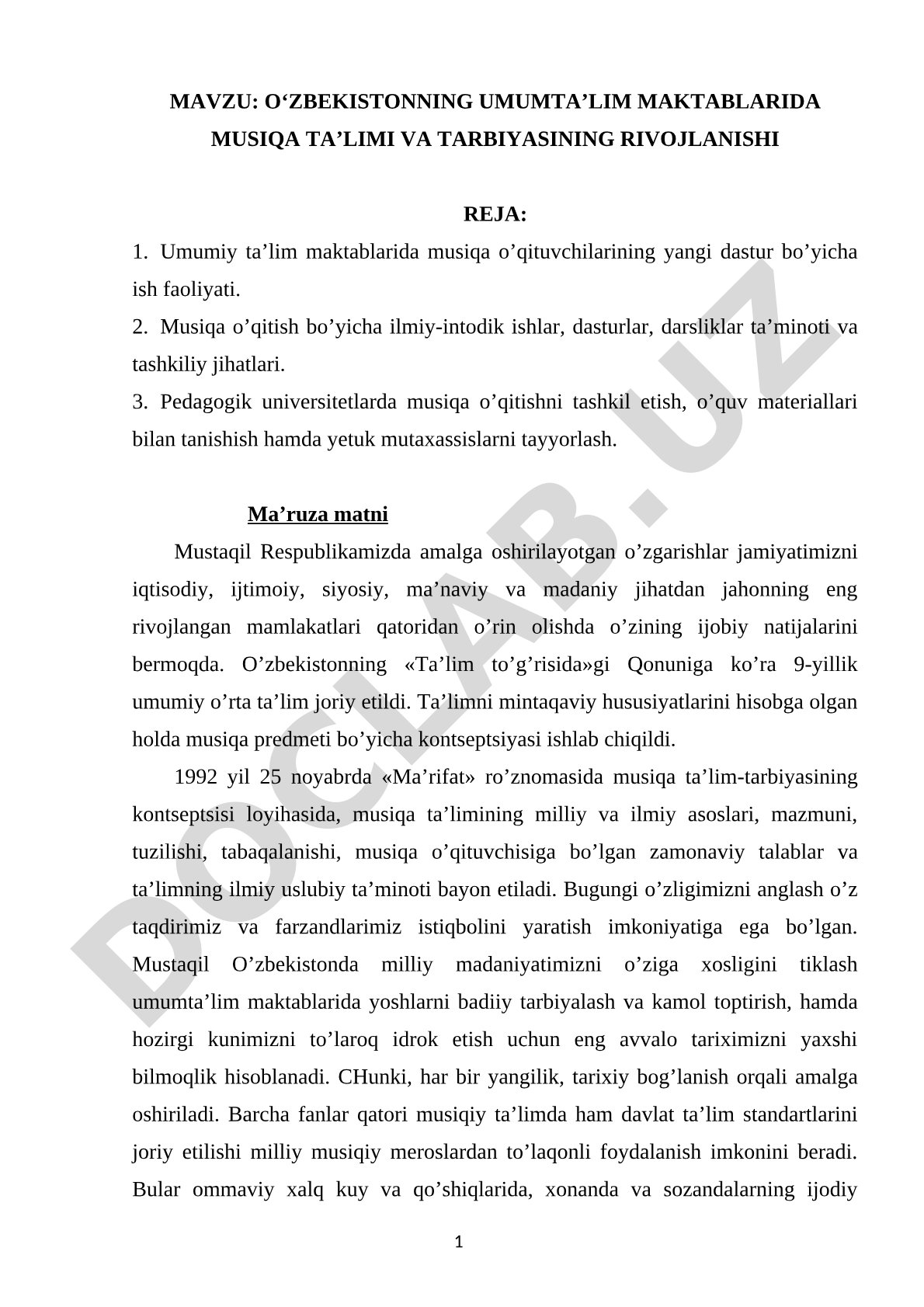 O‘zbekistonning umumta’lim maktablarida musiqa ta’limi va tarbiyasining rivojlanishi