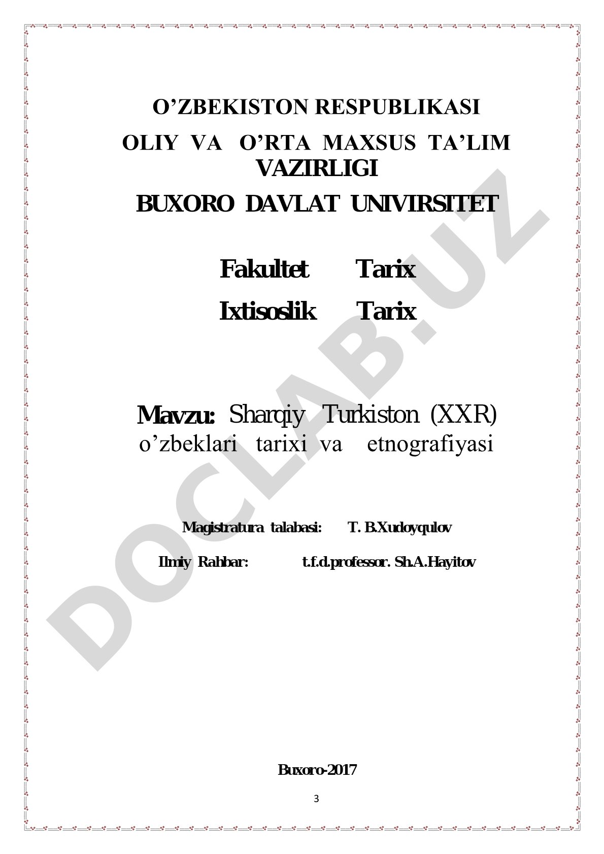 Sharqiy Turkiston (XXR) o‘zbeklari tarixi va etnografiyasi