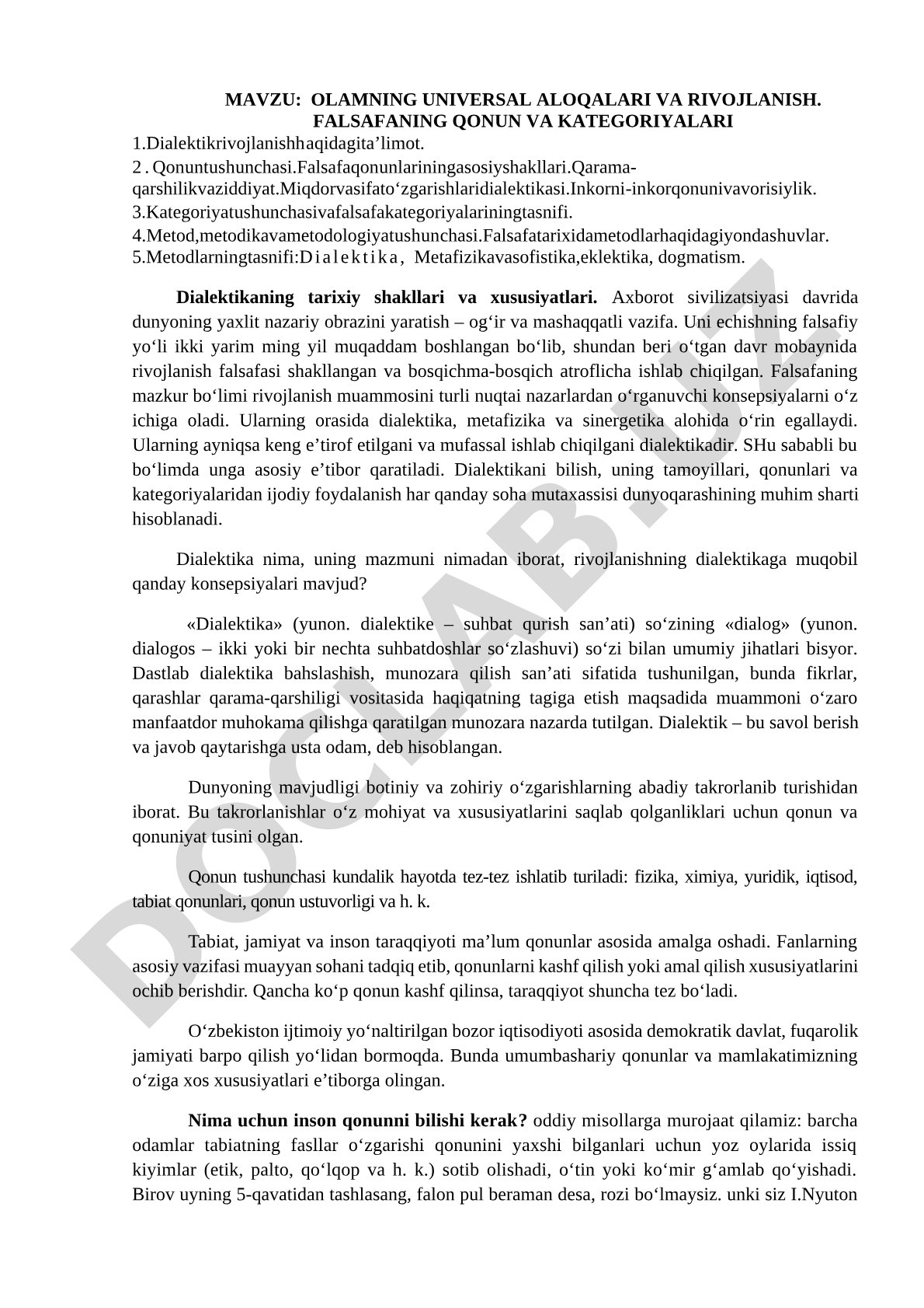 OLAMNING UNIVERSAL ALOQALARI VA RIVOJLANISH. FALSAFANING QONUN VA KATEGORIYALARI