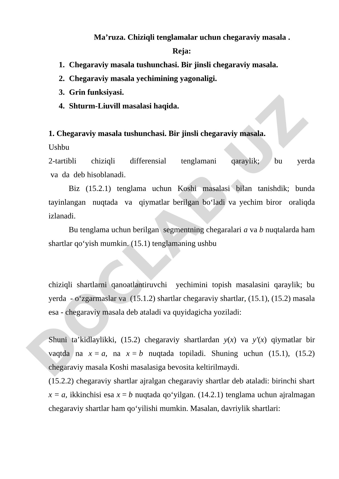 Chiziqli tenglamalar uchun chegaraviy masala