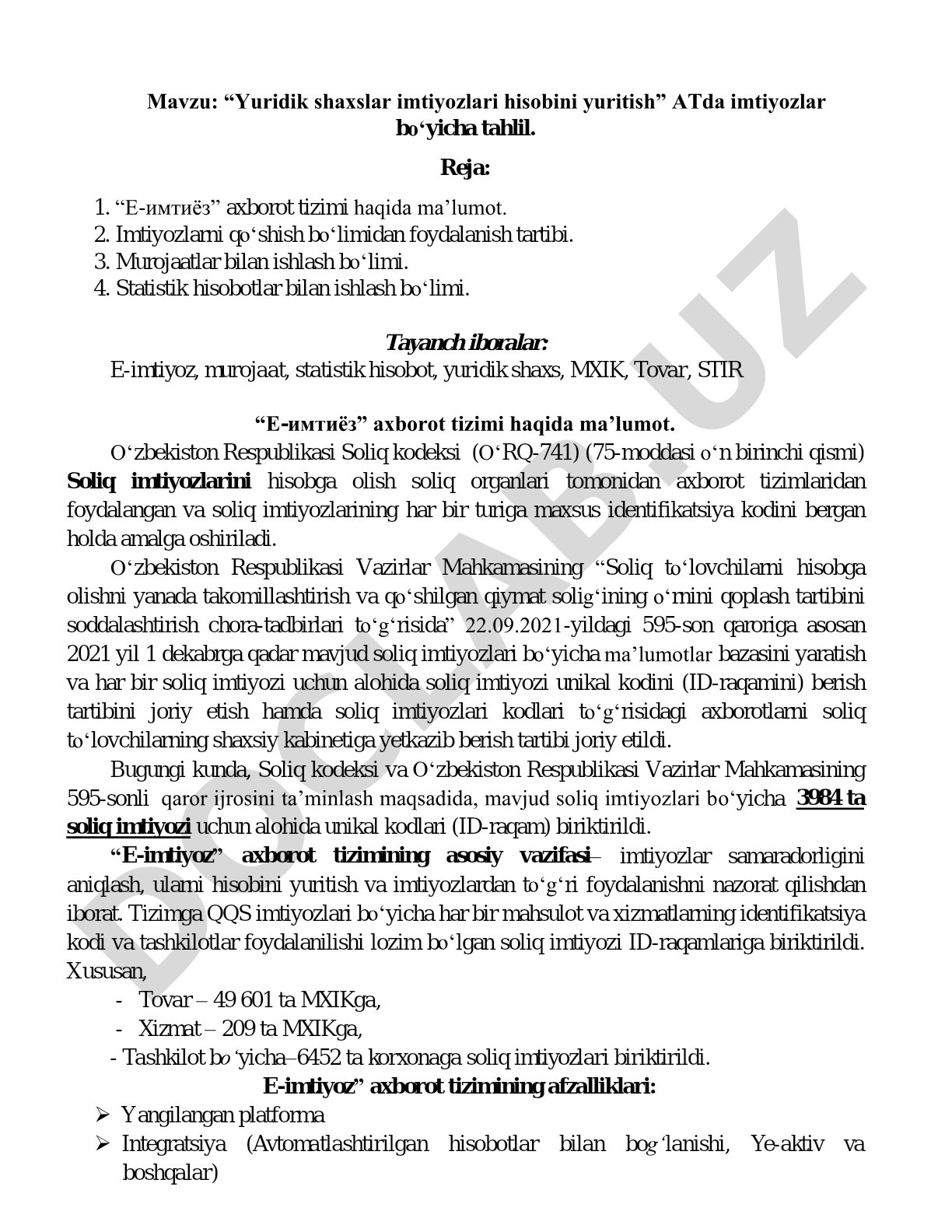 Yuridik shaxslar imtiyozlari hisobi tahlili