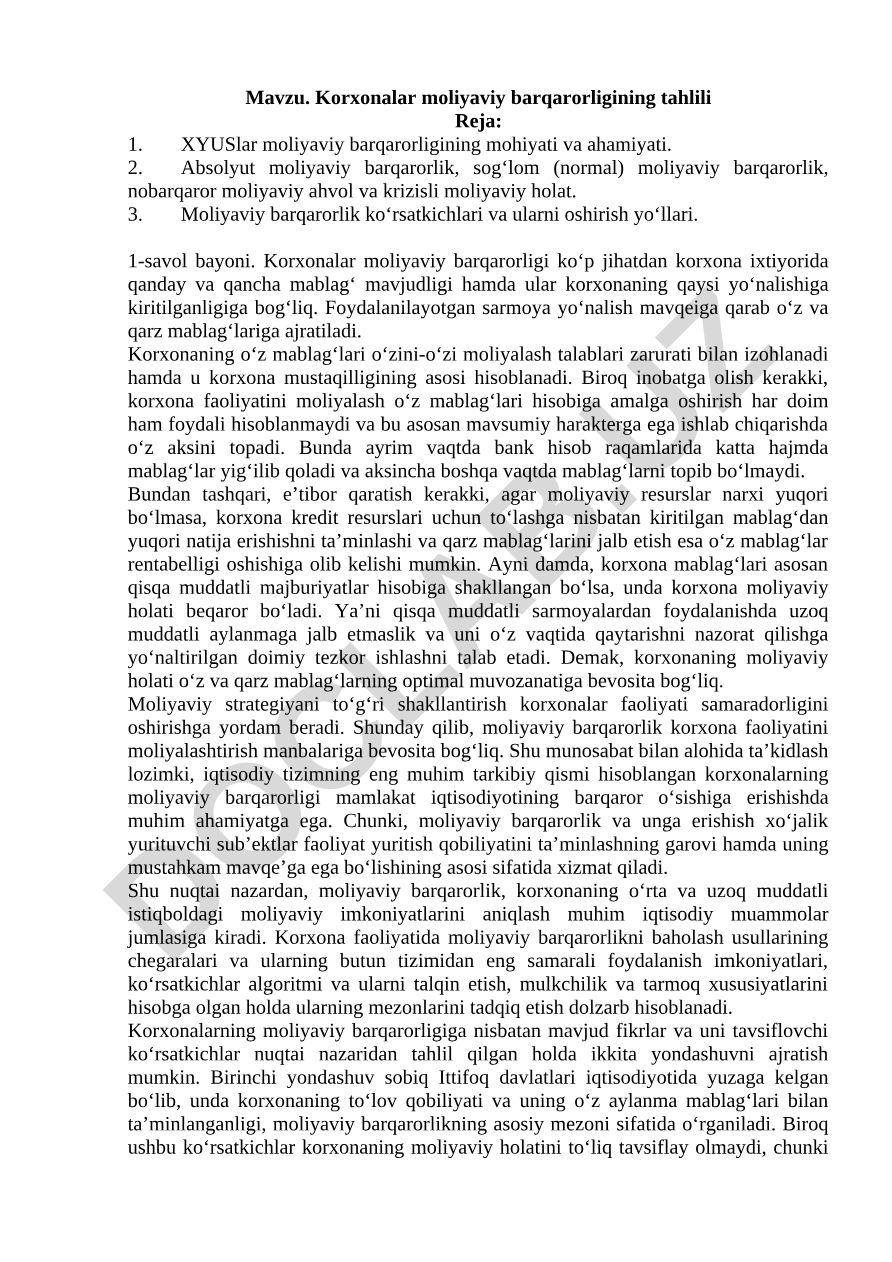 Korxonalar moliyaviy barqarorligining tahlili