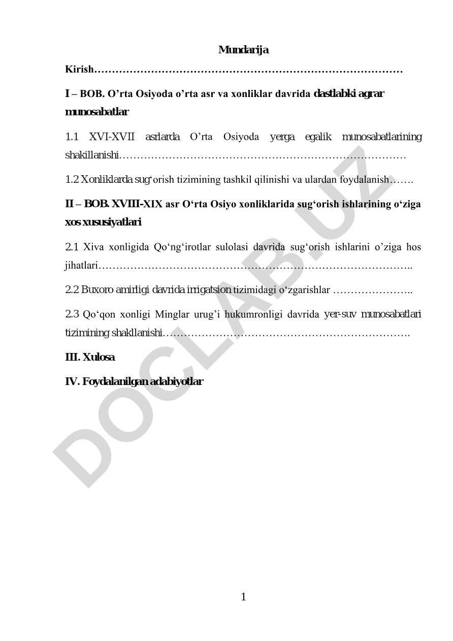 O‘rta Osiyo xonliklarida sug‘orish tizimlari va agrar munosabatlar