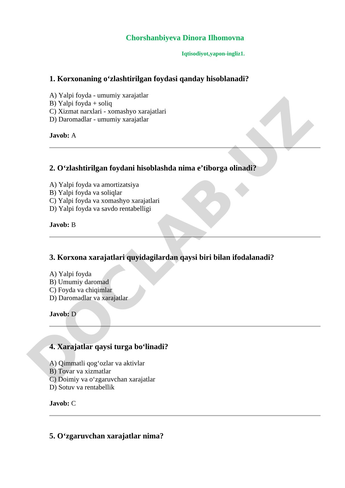 Iqtisodiyot test savollari