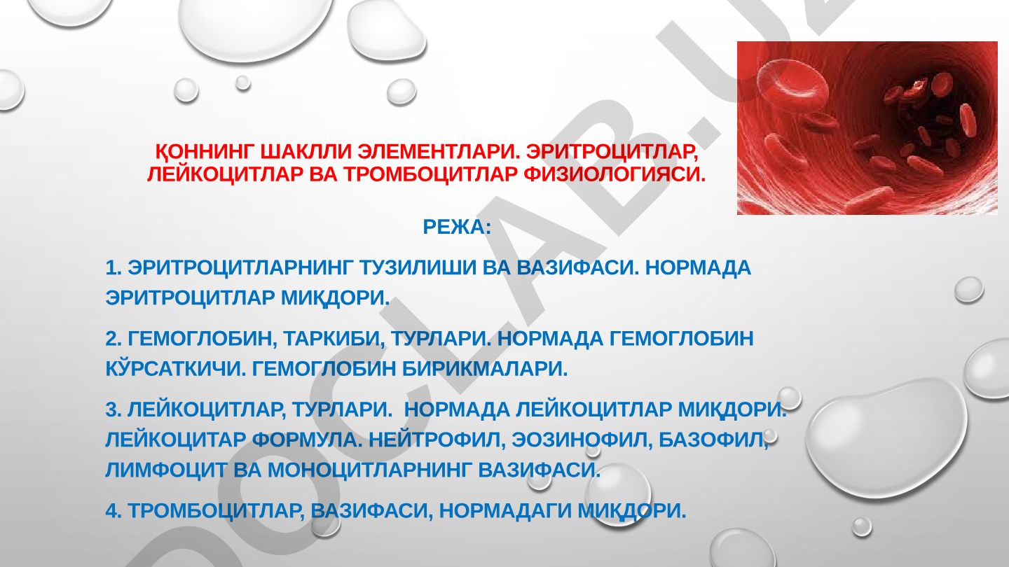 Қоннинг шаклли элементлари: эритроцитлар, лейкоцитлар ва тромбоцитлар физиологияси
