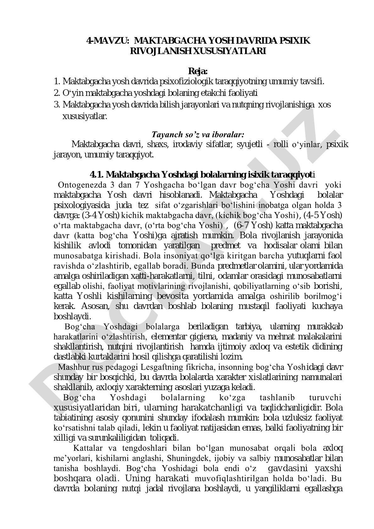 Maktabgacha yosh davrida psixik rivojlanish xususiyatlari