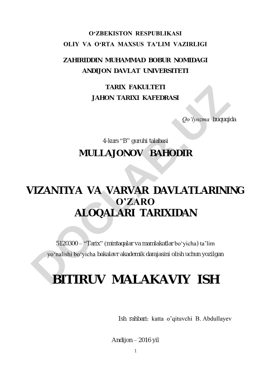Vizantiya va varvar davlatlarining o'zaro aloqalari tarixidan