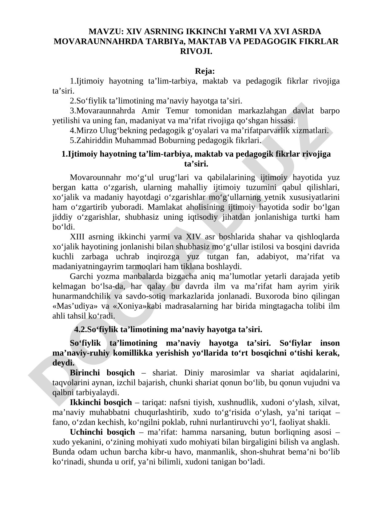 XIV asrning ikkinchi yarmi va XVI asrda Movaraunnahrda tarbiya, maktab va pedagogik fikrlar rivoji