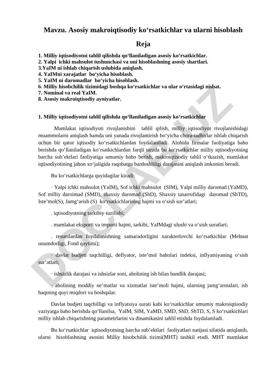 Asosiy makroiqtisodiy ko‘rsatkichlar va ularni hisoblash
