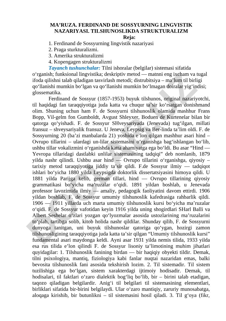 Ferdinand de Sossyurning lingvistik nazariyasi va tilshunoslikda strukturalizm