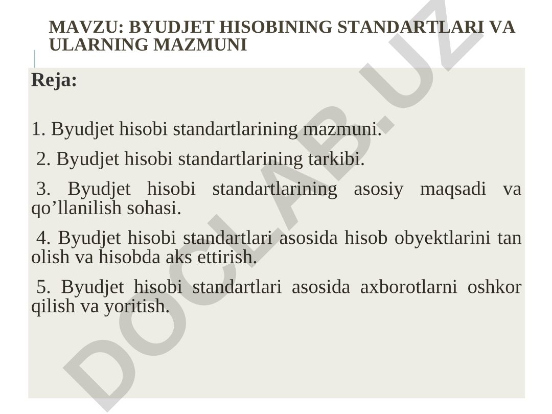 BYUDJET HISOBINING STANDARTLARI VA ULARNING MAZMUNI