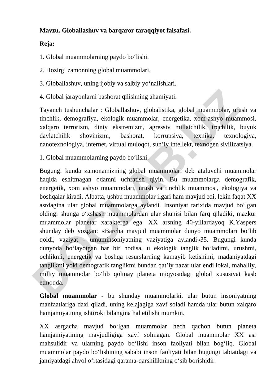 Globallashuv va barqaror taraqqiyot falsafasi