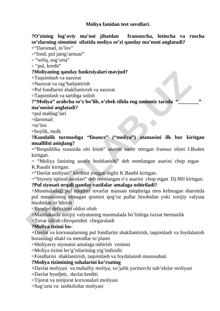 Moliya fanidan test savollari