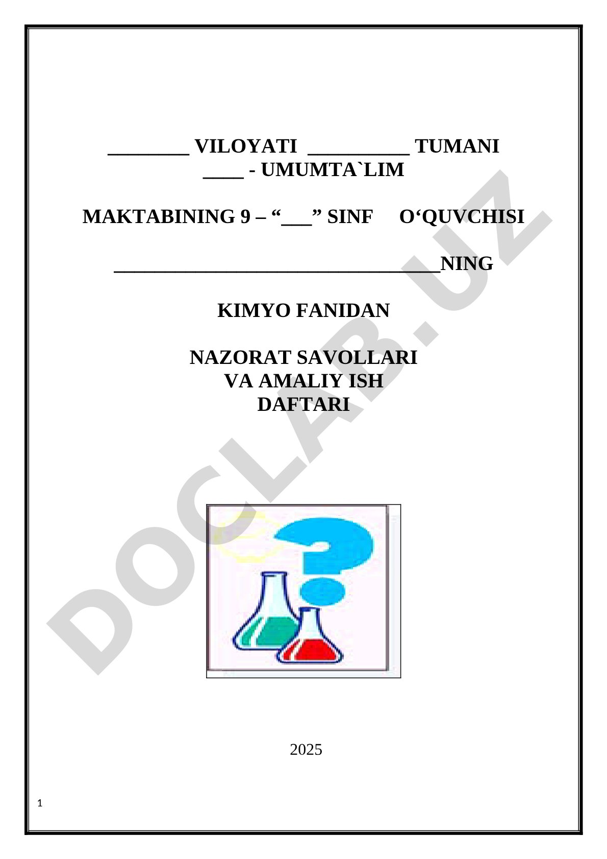 Kimyo fanidan nazorat savollari
