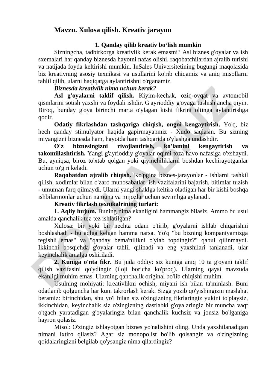 Kreativ jarayon Qanday qilib kreativ bo‘lish mumkin
