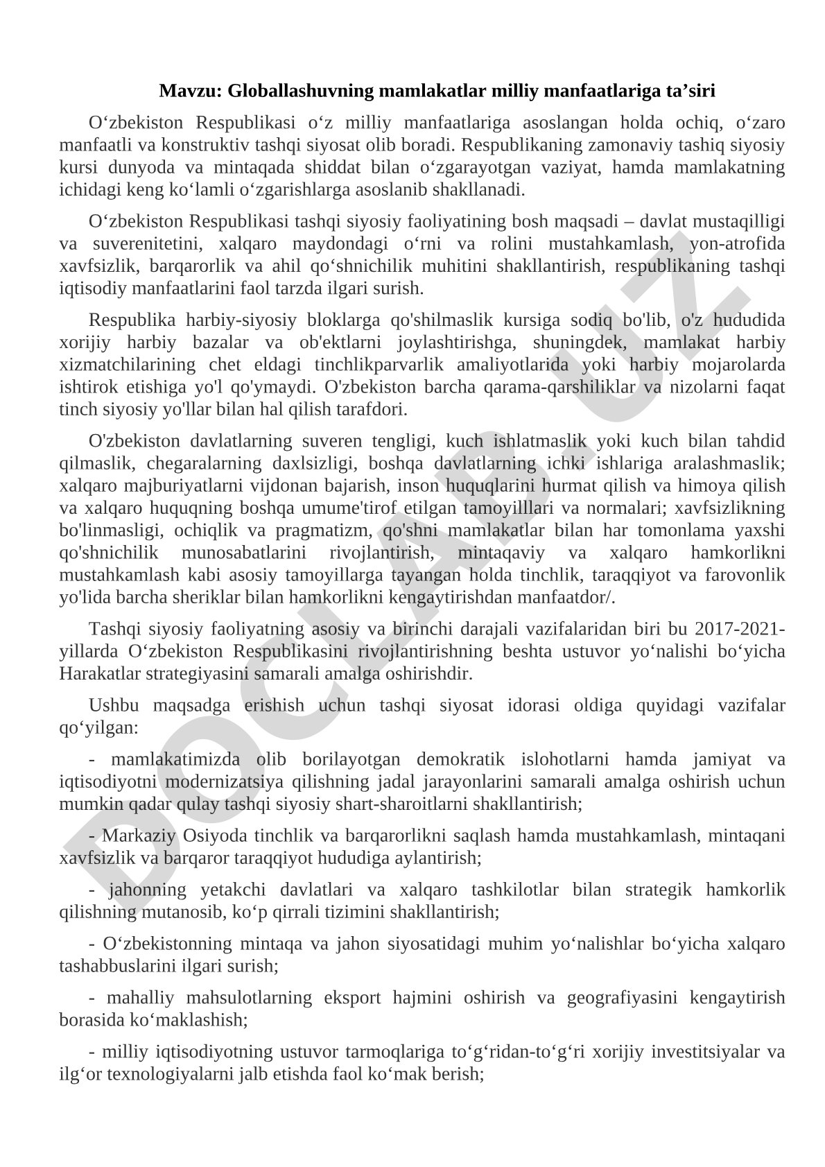 Globallashuv ta'siri yozma ish
