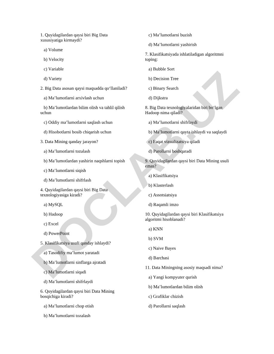 Big Data va Data Mining test savollari