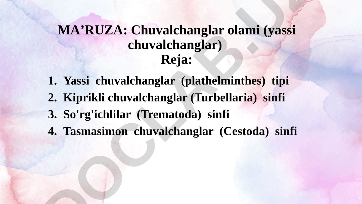 Yassi chuvalchanglar (plathelminthes) tipi va uning sinflari