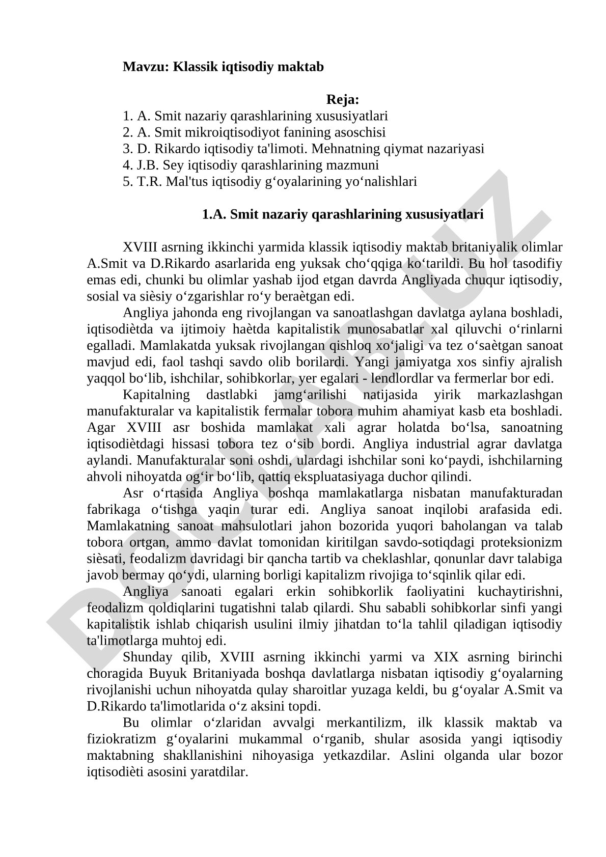 Klassik iqtisodiy maktab kurs ishi