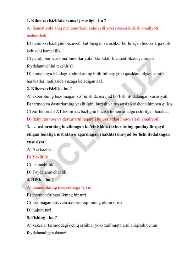 Kiberxavfsizlik test savollari va javoblari