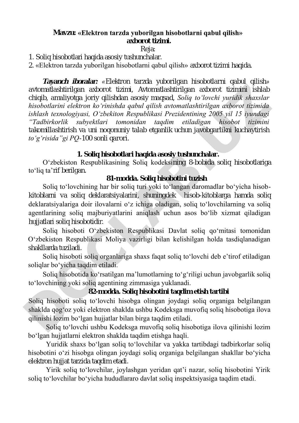 Soliq hisobotlari elektron tizimi loyihasi