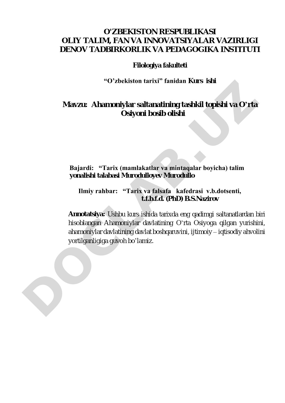 Ahamoniylar saltanatining tashkil topishi va O'rta Osiyoni bosib olishi