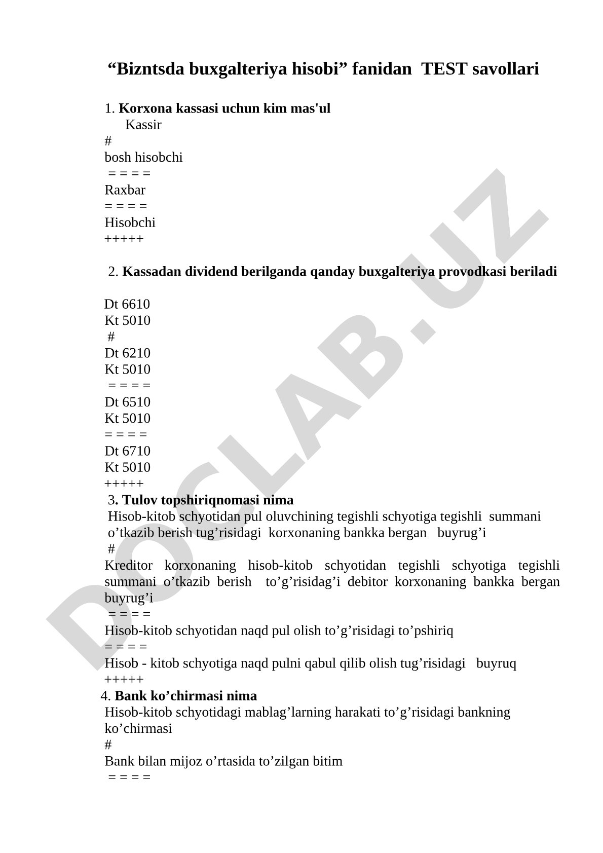 Buxgalteriya hisobi test savollari