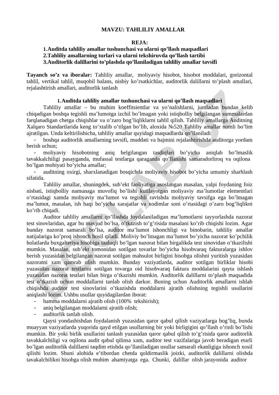 TAHLILIY AMALLAR REJA: Auditda tahliliy amallar tushunchasi va ularni qo’llash maqsadlari