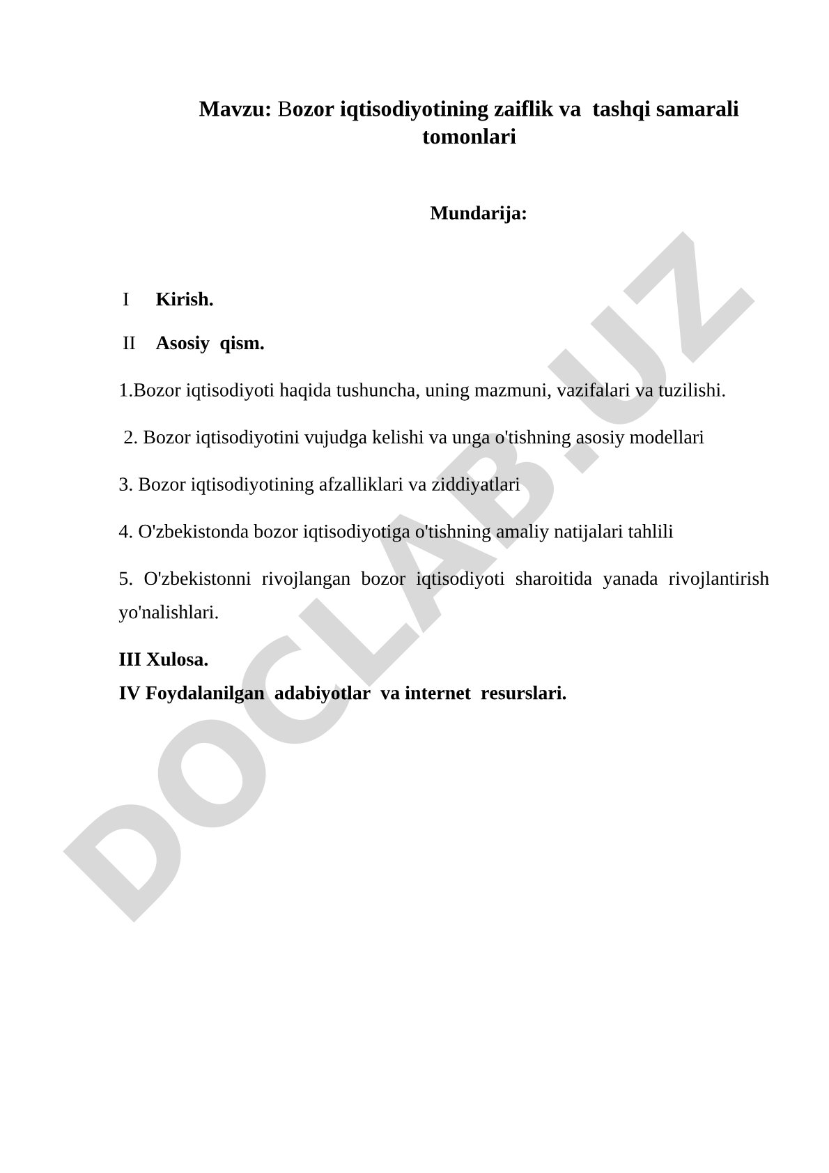 Bozor iqtisodiyotining zaiflik va tashqi samarali tomonlari