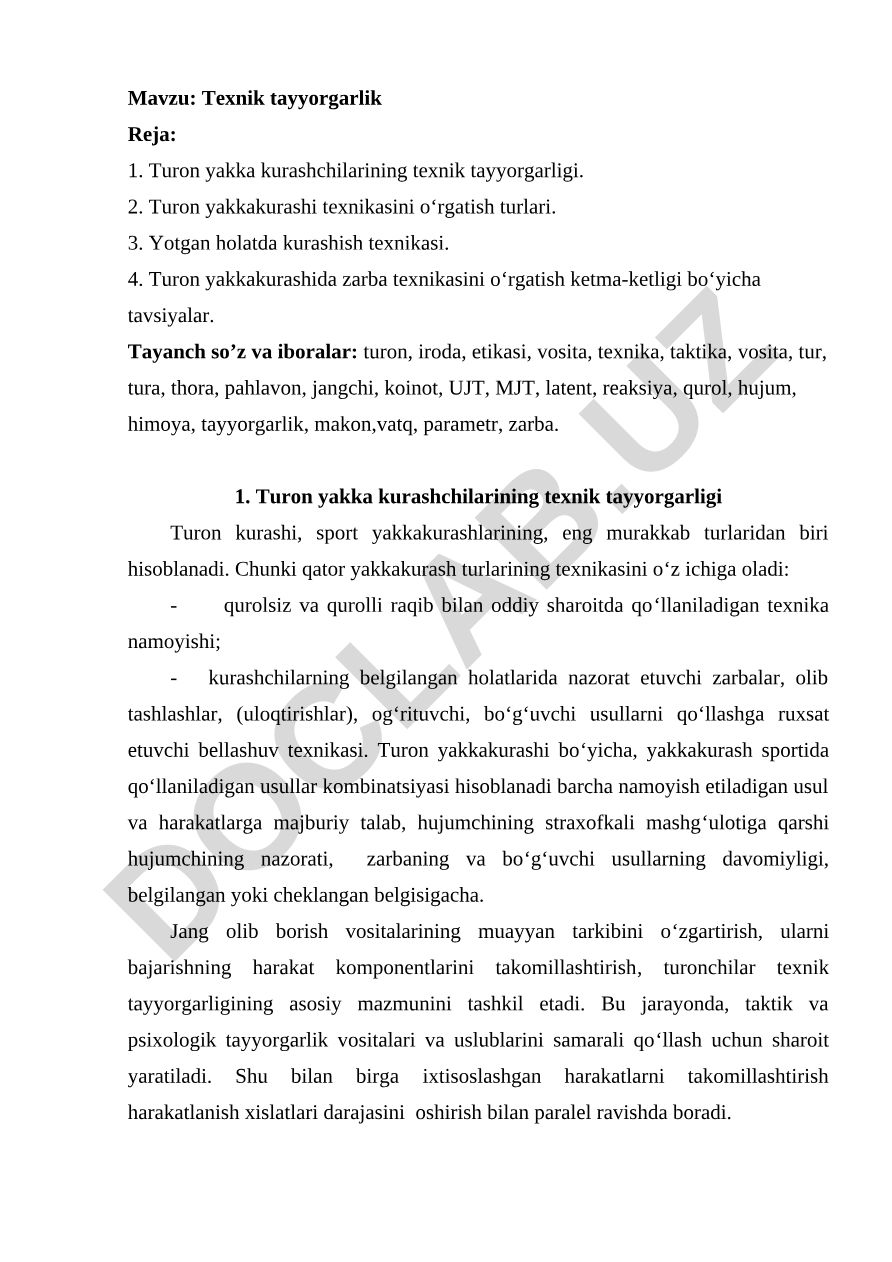 Turon yakka kurashchilarining texnik tayyorgarligi