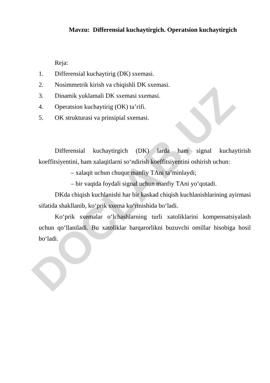 Differensial kuchaytirgich. Operatsion kuchaytirgich