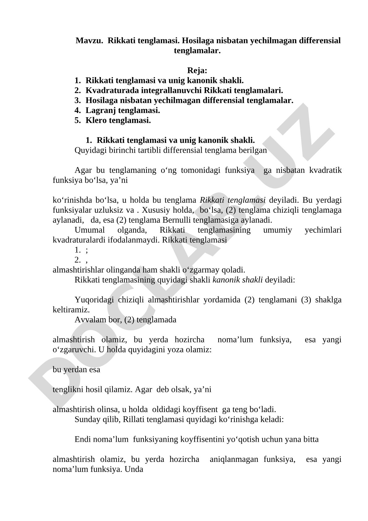 Rikkati tenglamasi va hosilaga nisbatan yechilmagan differensial tenglamalar