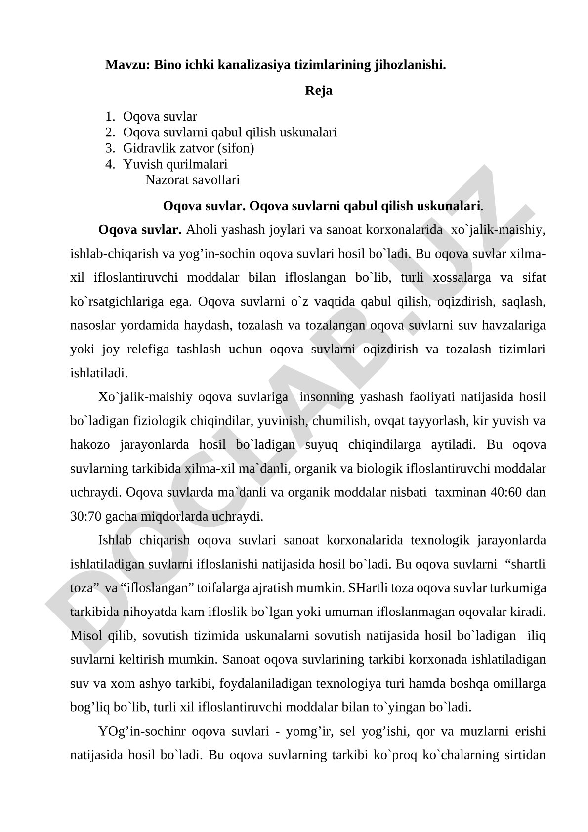 Bino ichki kanalizasiya tizimlarining jihozlanishi
