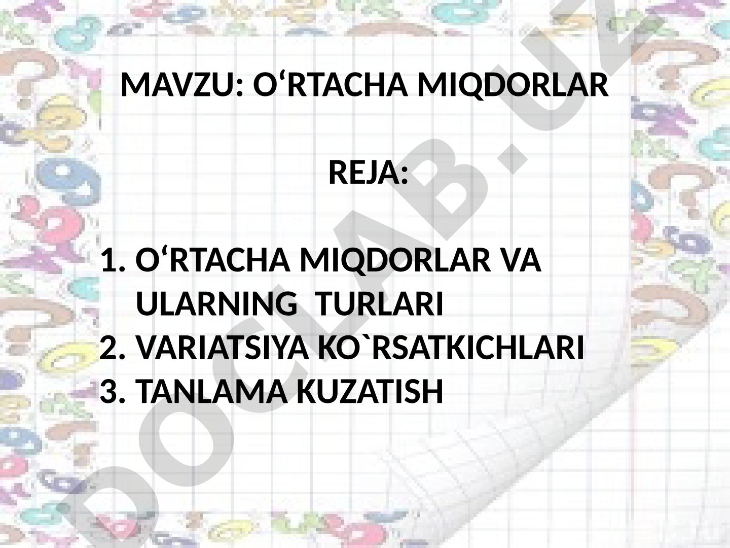O‘rtacha miqdorlar va ularning turlari variatsiya ko‘rsatkichlari tanlama kuzatish