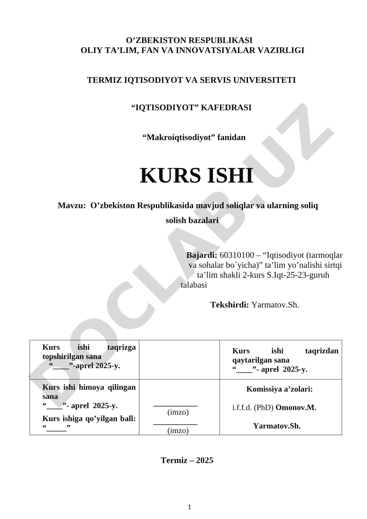 Makroiqtisodiyot kurs ishi