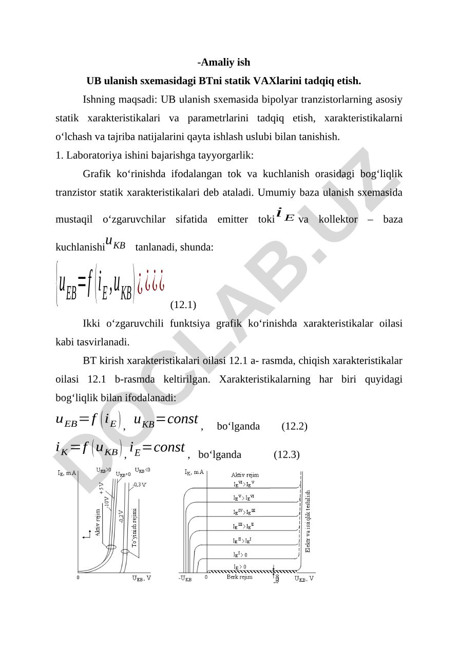 UB ulanish sxemasidagi bipolyar tranzistorlarning statik xarakteristikalari