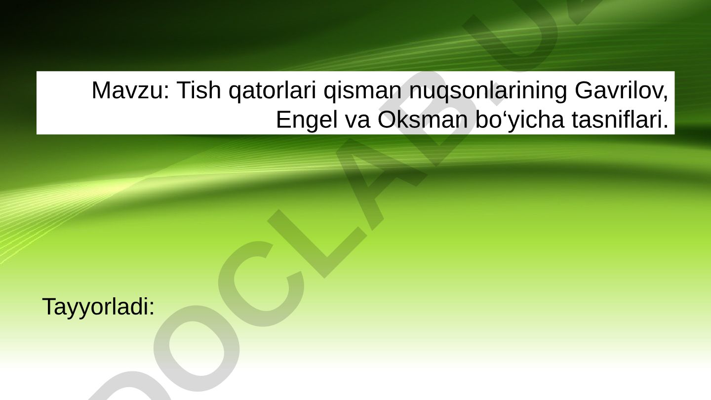 Tish qatorlari qisman nuqsonlarining Gavrilov, Engel va Oksman bo‘yicha tasniflari