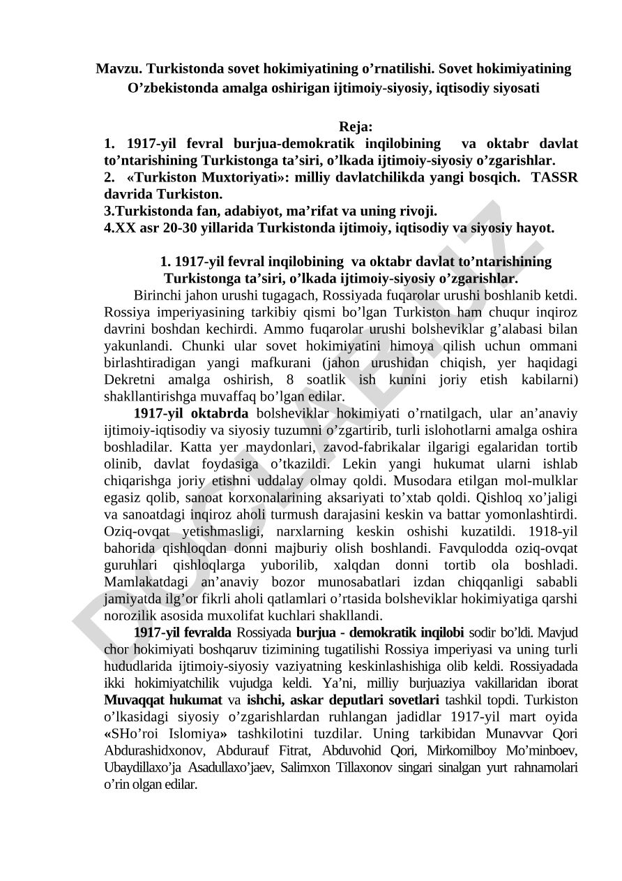 Turkistonda sovet hokimiyatining o’rnatilishi va O’zbekistondagi ijtimoiy-siyosiy, iqtisodiy siyosati
