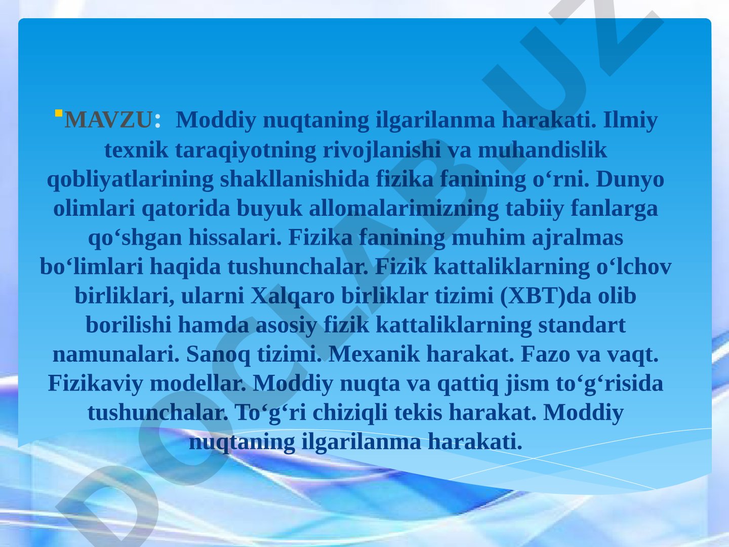 Moddiy nuqtaning ilgarilanma harakati va fizika fanining rivojlanishdagi o‘rni