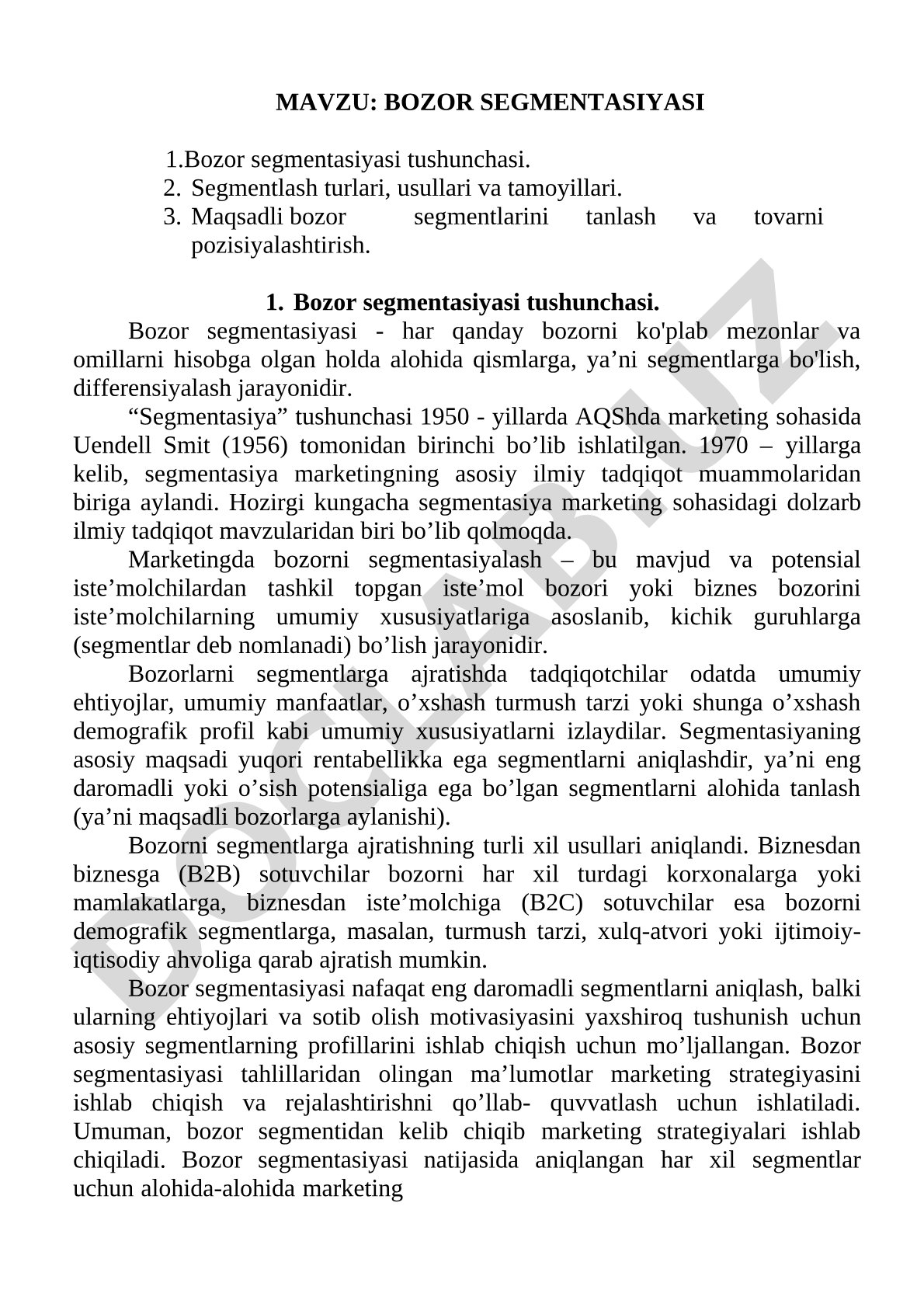 Bozor segmentasiyasi kurs ishi