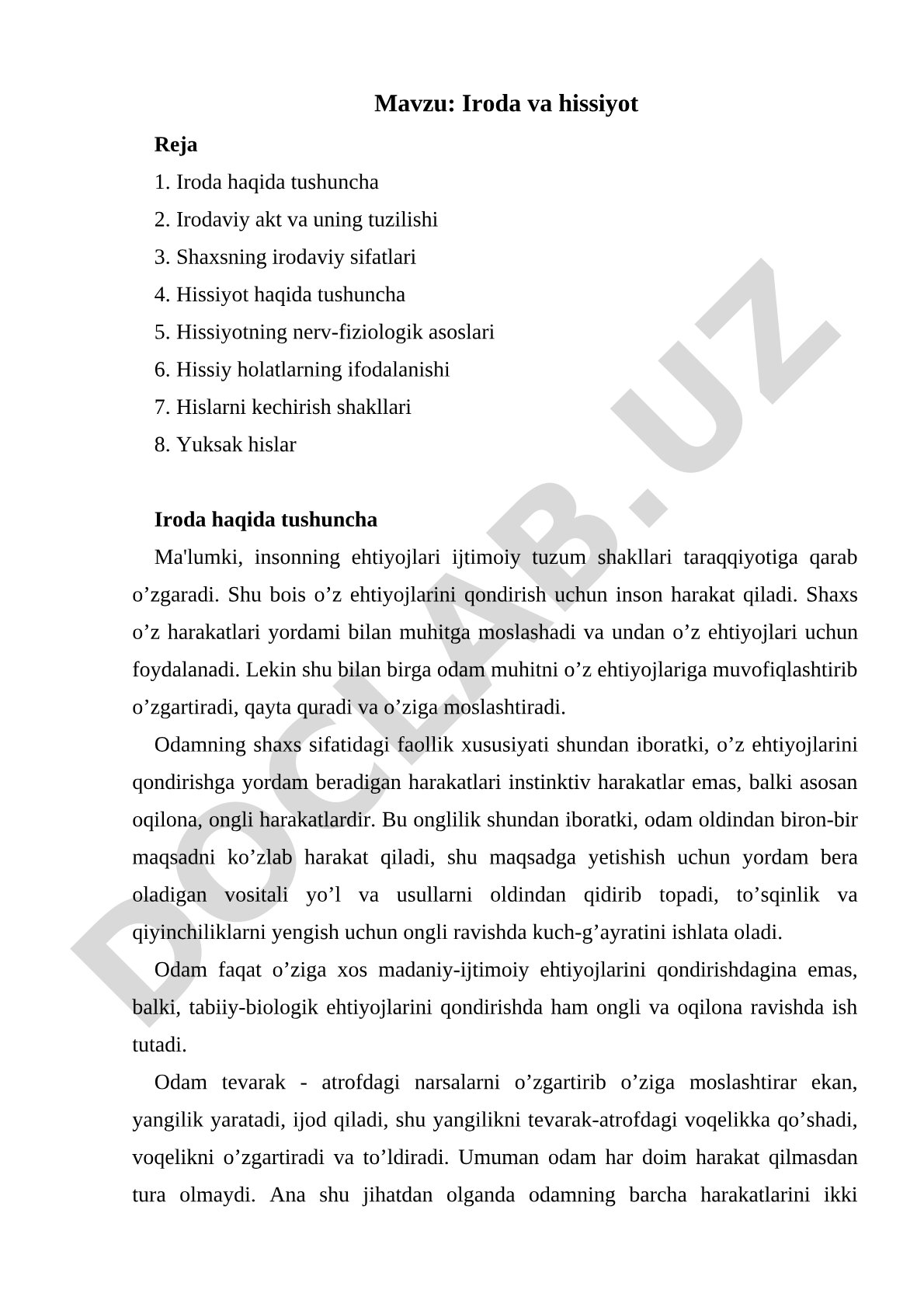 Iroda va hissiyot reja hujjati