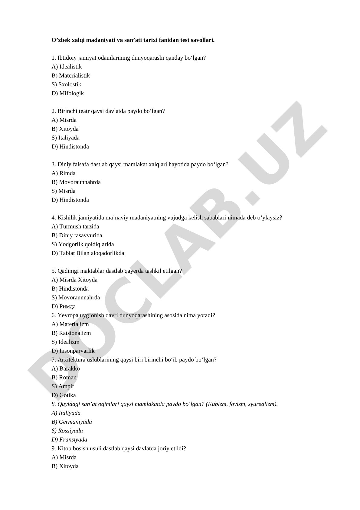 O'zbek xalqi madaniyati va san'ati tarixi fanidan test savollari