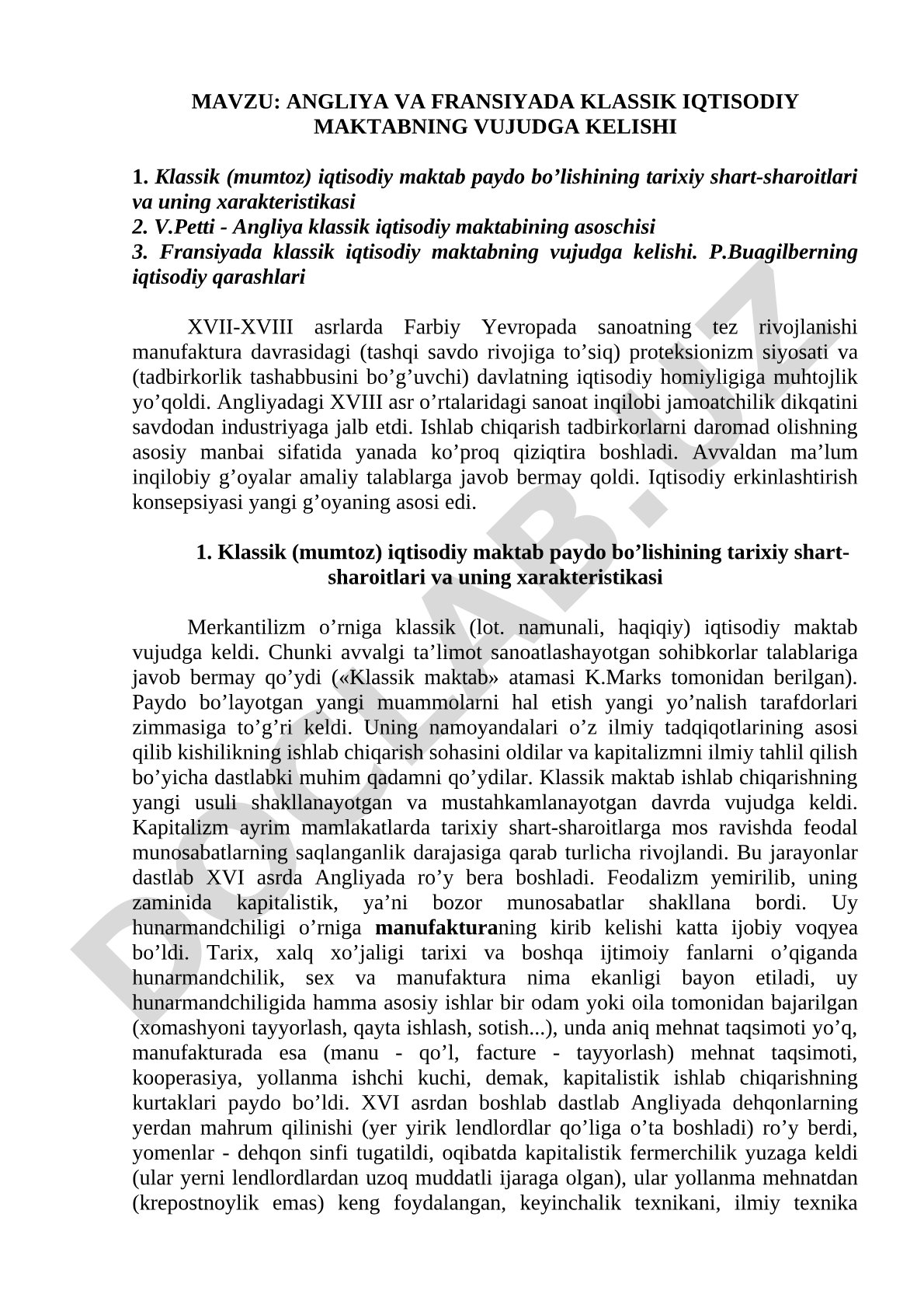 Klassik iqtisodiy maktab kurs ishi