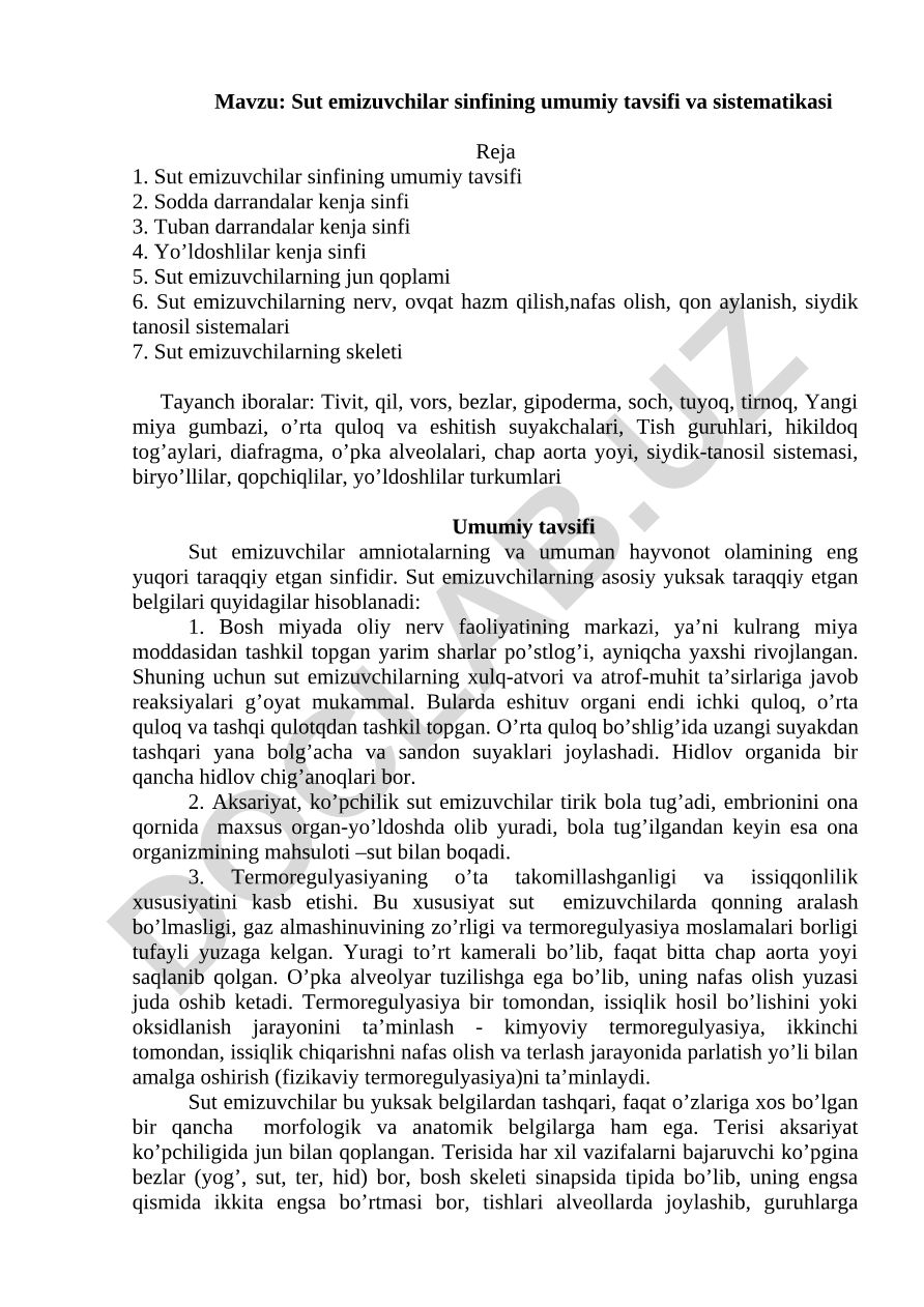 Sut emizuvchilar sinfining umumiy tavsifi va sistematikasi