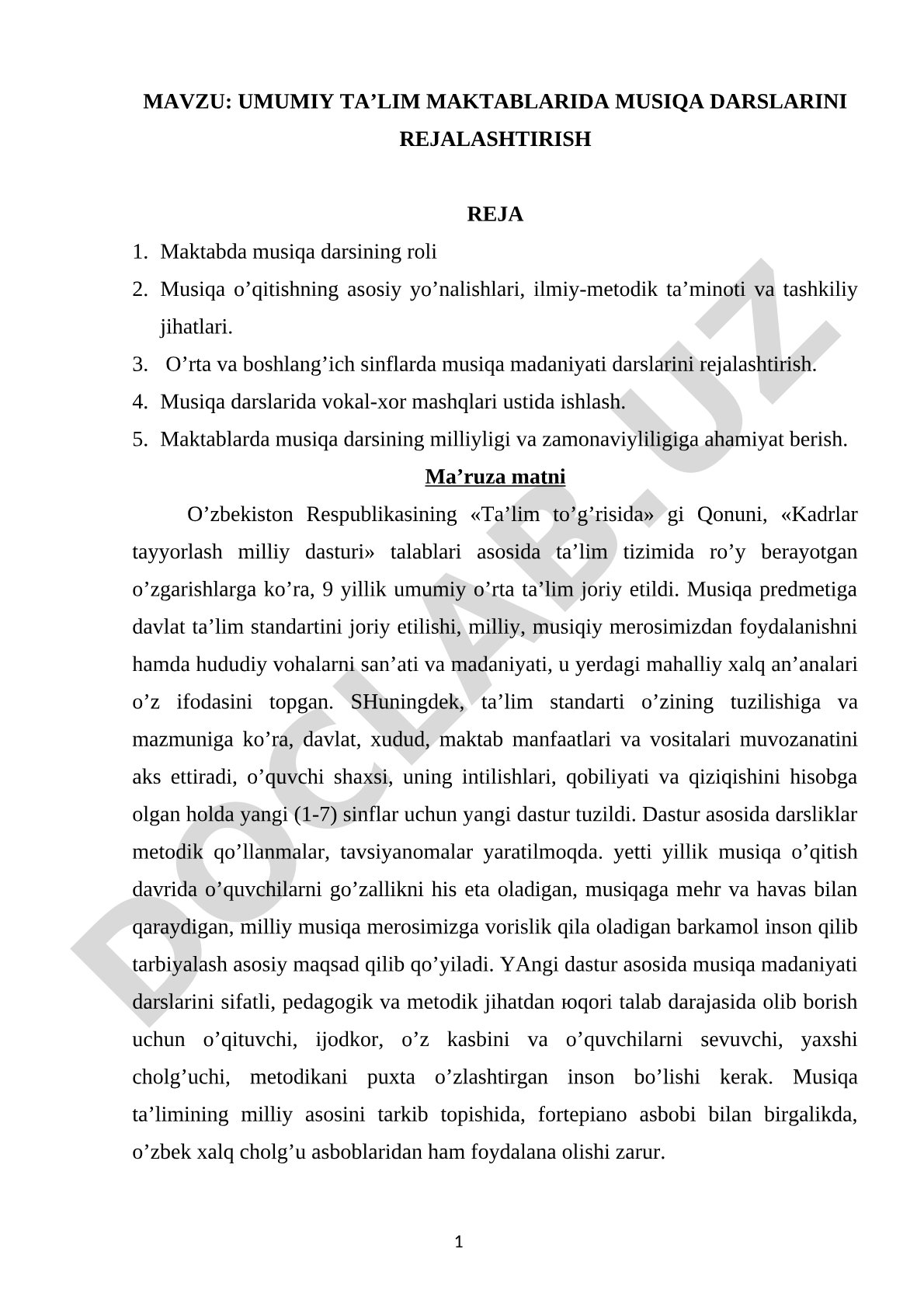 Umumiy ta'lim maktablarida musiqa darslarini rejalashtirish