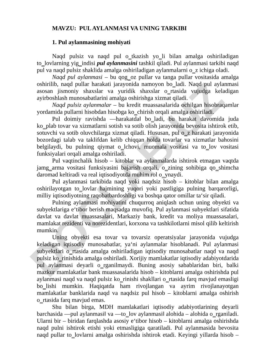 Pul aylanmasi va uning tarkibi